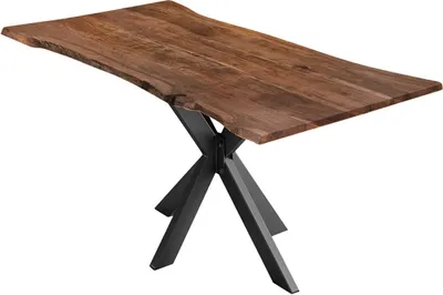 A table with a wooden top and a black metal base, shown from a diagonal angle against a white background.