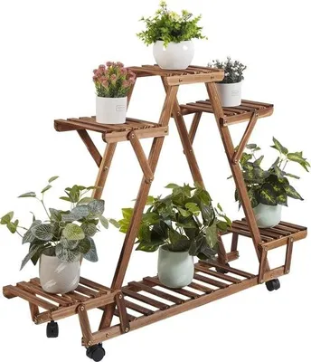 Image de Étagère à plantes sur roulettes - Étagère murale - plantes - forme triangulaire - armoire à échelle - 6 étagères - 6 niveaux - bois - Intérieur/Extérieur