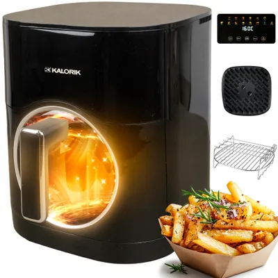 A black air fryer is shown with a cutaway revealing the heating element and a basket of french fries.