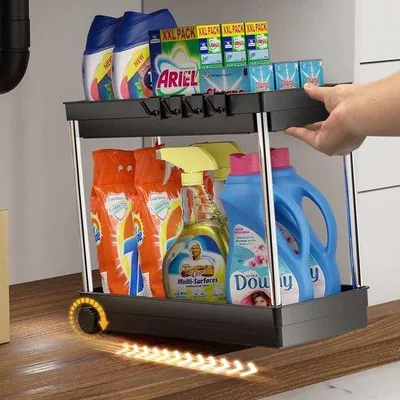 Zdjęcie produktu dla Półka kuchenna z rurą stalową, dwupoziomowy organizer nad zlewem, dolna półka z 4 haczykami, półka nad zlewem do kuchni i łazienki.