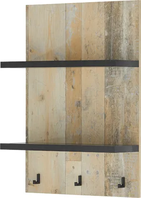 A wall-mounted shelf with hooks against a wood-paneled background.