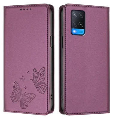 Image de Étui en cuir pour Oppo A54 4G/A54S/A55 5G/A16/A16S/A55s 5G/A53s 5G/A56 5G, motif papillon, étui portefeuille à rabat avec support, violet