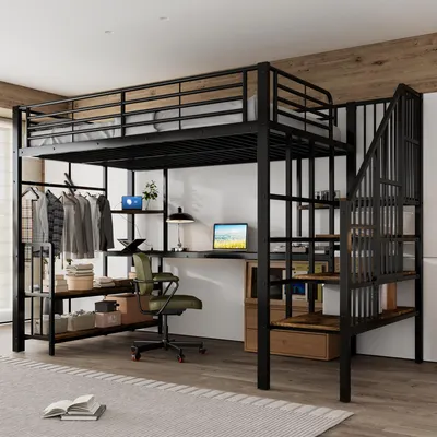 A loft bed with a desk and storage integrated into its structure, set up in a bedroom.