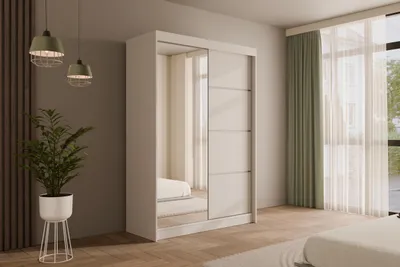 A bedroom scene featuring a white wardrobe with mirrored doors, a plant, and hanging lamps.