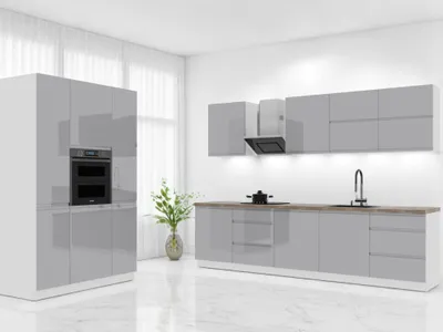 Produktbild von Küchenzeile – Küchenblock – Winkelküche – Komplettküche – Eckküche – Velmora – K74-G440 –300 x 140 cm– Grau Hochglanz Ohne Arbeitsplatte & Elektrogerä