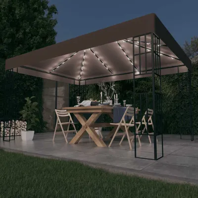 Image de Pavillon avec guirlande lumineuse LED 4x3 m Taupe