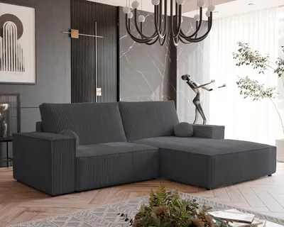 Produktbild von Idohome - Polsterecksofa HUGO Rechts mit Schlaffunktion und Bettkasten, Ecksofa in L-Form Wohnzimmer, Couch - Farbe Dunkel Grau Poso 34
