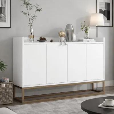 Image de Buffet bas, blanc, 120x30x80 cm, sans poignées, étagères réglables, meuble de rangement avec portes