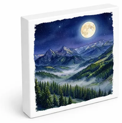 Produktbild von Bergidylle Berglandschaft bei Nacht Holzbild in 15x15 cm zum Stellen oder