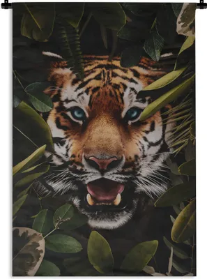 Produktbild von MuchoWow® Wandteppich Wandbehang Tiger - Pflanzen - Grün 90x135 cm Tapisserie Dekoration Wandtuch - Baumwolle - Wandskulptur