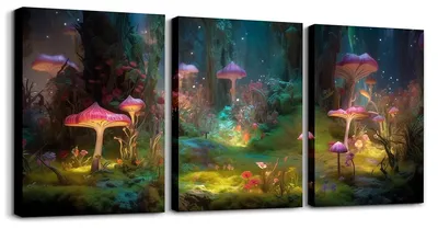 3er-Set Fantasie-Pilz Wandbilder, 30x40 cm, Leinwand gerahmt