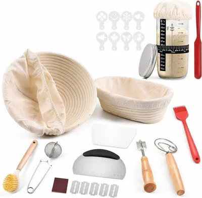 Produktbild von Famanu Sauerteig Starterset – Komplettes Set mit Rührschüssel, 25 cm ovaler & 23 cm runder Gärkorb, 12-teiliges Backzubehör