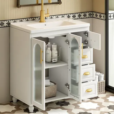 Produktbild von okwish Badmöbel mit Keramik-Waschbecken,Sideboard Beistellschrank mit Aufbewahrung,Waschtisch mit Unterschrank 80cm,weiß