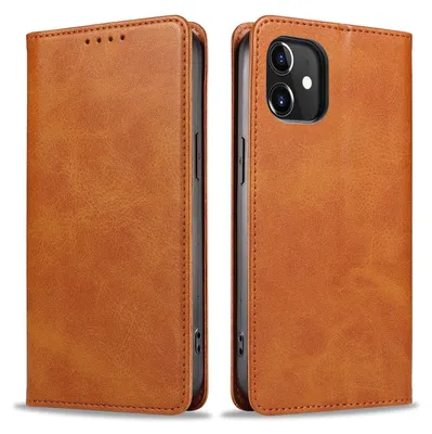 A brown leather flip phone case for an iPhone 11 is shown from the front and back.