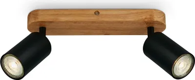 A ceiling spotlight with a wooden base and two black adjustable lamps.