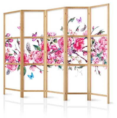 Immagine prodotto di Pannello divisorio giapponese, 5 ante, pieghevole, realizzato in tessuto non tessuto di alta qualità, con motivo di fiori colorati, ideale per la camera da letto, dimensioni 225 cm x 172 cm