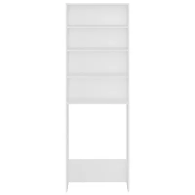 A tall, narrow, white shelving unit, with four shelves at the top and an open compartment below, set against a plain white background.