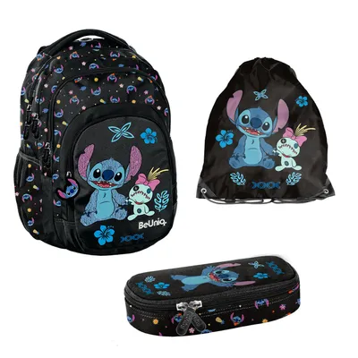 Obrázek produktu pro Školní sada Stitch Paso, batoh se třemi přihrádkami, přihrádkou na notebook a zpevněným dnem, penál s gumičkami na psací potřeby