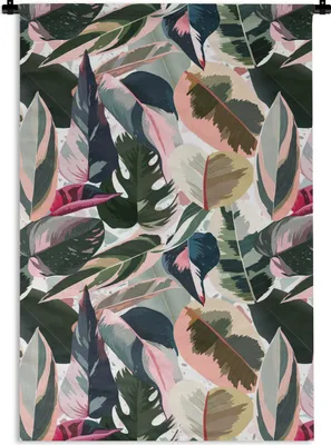 Produktbild von MuchoWow® Wandteppich Wandbehang Tropisch - Rosa - Blätter 60x90 cm Tapisserie Dekoration Wandtuch - Foto-Teppich - Abwaschbar