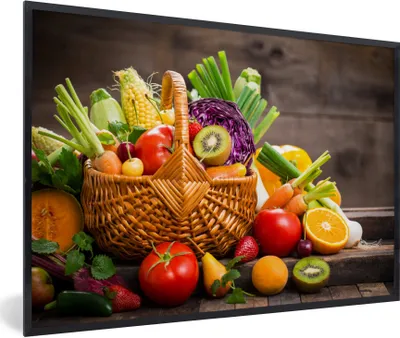 Produktbild von MuchoWow® Gerahmtes Poster Obstkorb - Obst - Gemüse 60x40 cm - Poster mit Schwarzem Bilderrahmen Wandposter Rahmen Foto Bilder - Printing - Wanddeko Schlafzimmer