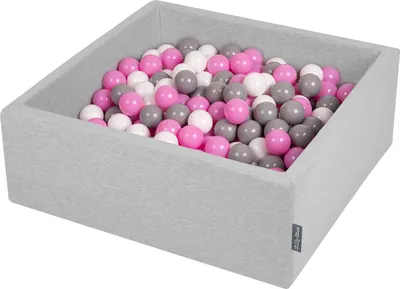 Produktbild von KiddyMoon bällebad 90x30cm/200 bälle ∅ 7cm bällepool mit bunten bällen für babys kinder quadrat, hellgrau:grau/weiß/hellpink