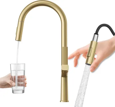 Zdjęcie produktu dla Granitan | Bateria kuchenna Ellis – wysoka – szczotkowane złoto – nowoczesny design – obrót o 360° – elastyczny wylew