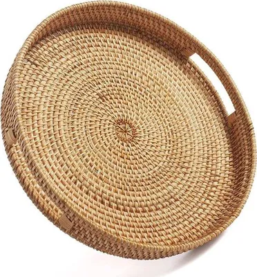Obrázek produktu pro Kulatý ratanový podnos s uchem, tkaný dekorativní podnos na konferenční stolek, přírodní otoman (malý 30 cm x 6 cm)