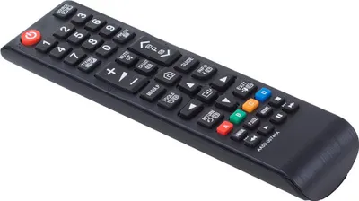 A black remote control is shown against a white background.