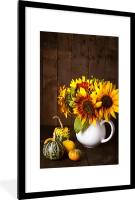 Produktbild von MuchoWow® Gerahmtes Poster Kürbisse - Sonnenblumen - Herbst 60x90 cm - Poster mit Schwarzem Bilderrahmen Wandposter Rahmen Foto Bilder - Dekoration - Wandposter Wohnzimmer - Hochwertig