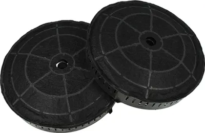 Two black circular carbon filters for a range hood.