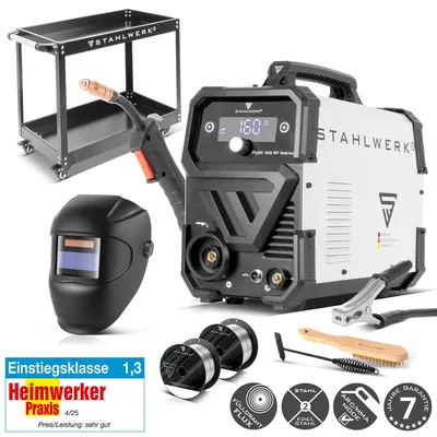 Produktbild von STAHLWERK Schweißgerät FLUX 160 ST Digital – Vollausstattung mit Gerätewagen – 3-in-1 Kombi mit 160 A, ohne Schutzgas, MMA (E-Hand/ARC), Lift-TIG (DC)