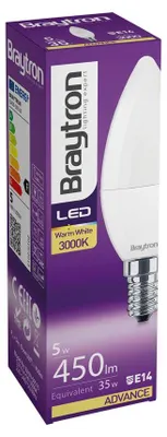 Immagine prodotto di Braytron LED E14 lampadina 5W C37 3000K Bianco caldo a forma di candela 450 lumen