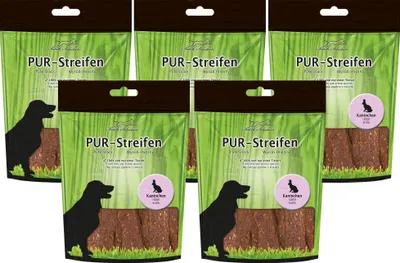 Produktbild von 5x100g Schecker PUR Streifen Kaninchen - Kausnack für Hunde von einer Tierart - getreidefrei