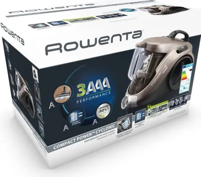 The image shows the retail packaging of a Rowenta vacuum cleaner.