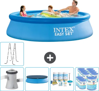 Produktbild von Intex runder aufblasbarer Easy Set-Schwimmpool – 305 x 76 cm – Blau – inklusive Pumpe Abdeckung - Wartungspaket - Filter - Leiter