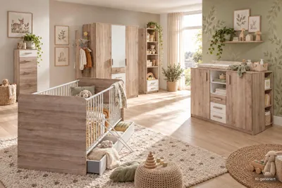 Produktbild von komplett Babyzimmer Cariba  9 teiliges Komplett Set in Eiche San Remo und Weiß, Babyzimmermöbel komplett, KI-generiertes Bild