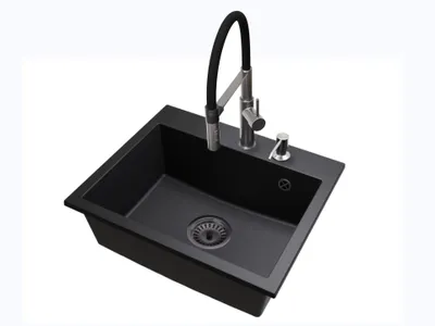 Produktbild von Granit Küchenspüle EXCLUSIVE 55 Einbecken Set mit Armatur, Seifenspender und Siphon Schwarz