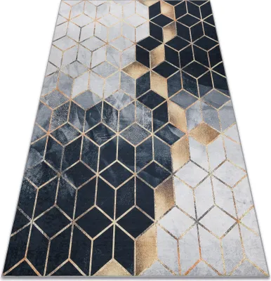 Produktbild von ANDRE 1171 Waschteppich Würfel, geometrisch Anti-Rutsch - schwarz / gold Schwarz 160x220 cm
