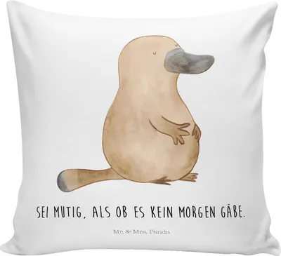 Produktbild von Mr. & Mrs. Panda kissen für sofa Schnabeltier Mut - Weiß - Geschenk, 40x40, Arbeit, Motivation, Deko, Weltreise, Meer, Neustart, Polster, bedruckt