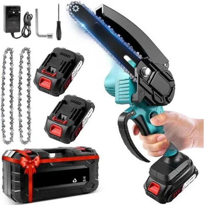 Produktbild von Mini-Schnurlose-Kettensäge 6 Zoll mit 4000mAh - Leistungsstarker Motor 21V 800W - 2x 2000mAh Akkus - 1x Schnelllader - 2x Ketten - Einhandige Kettensäge für den Garten - Schnurlos - Tragbar - Sicher