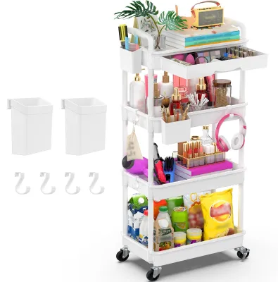 Image de Chariot de rangement à 4 niveaux avec tiroir - Chariot multifonctionnel pour cuisine et salle de bain (blanc)