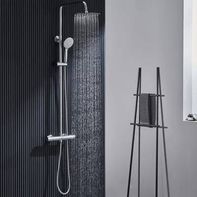Duschset mit Thermostat, Regendusche 25 cm, Handbrause 3 Strahlarten, Edelstahl