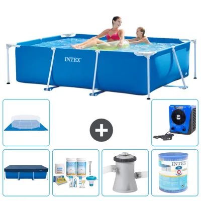 Produktbild von Intex-Schwimmbecken mit rechteckigem Rahmen – 220 x 150 x 60 cm – Blau – im Lieferumfang enthalten Abdeckung - Wartungspaket - Filterpumpe für Schwimmbad - Filter - Bodenplane - Wärmepumpe