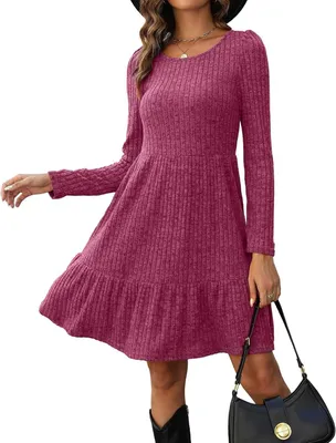 Produktbild von Gestricktes Damenkleid mit langen Ärmeln, Rundhalsausschnitt und einfarbigem Weinrot, Größe 3XL