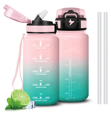 Produktbild von Trinkflasche 500ml mit Strohhalm, auslaufsicher, Zeitmarkierung, Mujigaga