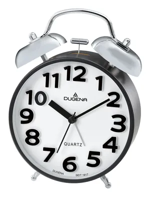 A close-up studio shot of a Dugena alarm clock.
