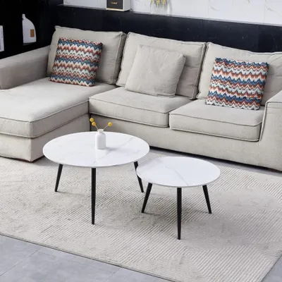 Immagine prodotto di Set 2 tavolini da salotto piano in Vetroceramica effetto marmo bianco lucido e gambe nere BICOLOR
