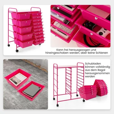 Image de Chariot de rangement mobile avec 15 tiroirs empilables, rose