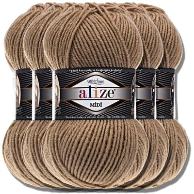 Produktbild von Alize 5x 100g Superlana Midi Wolle, Uni, Häkeln, Stricken (Dark Beige | 466)