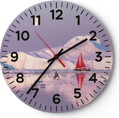 Produktbild von Wanduhr - Rund - Glasuhr - Segelschiff Mond Gletscher - 30x30cm - Schleichendes Uhrwerk - Lautlos - zum Aufhängen bereit - Dekoration Modern - Wanddekoration aus Glas - C4AR30x30-4462